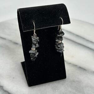 Handmade sterling silver snowflake obsidian chip earrings